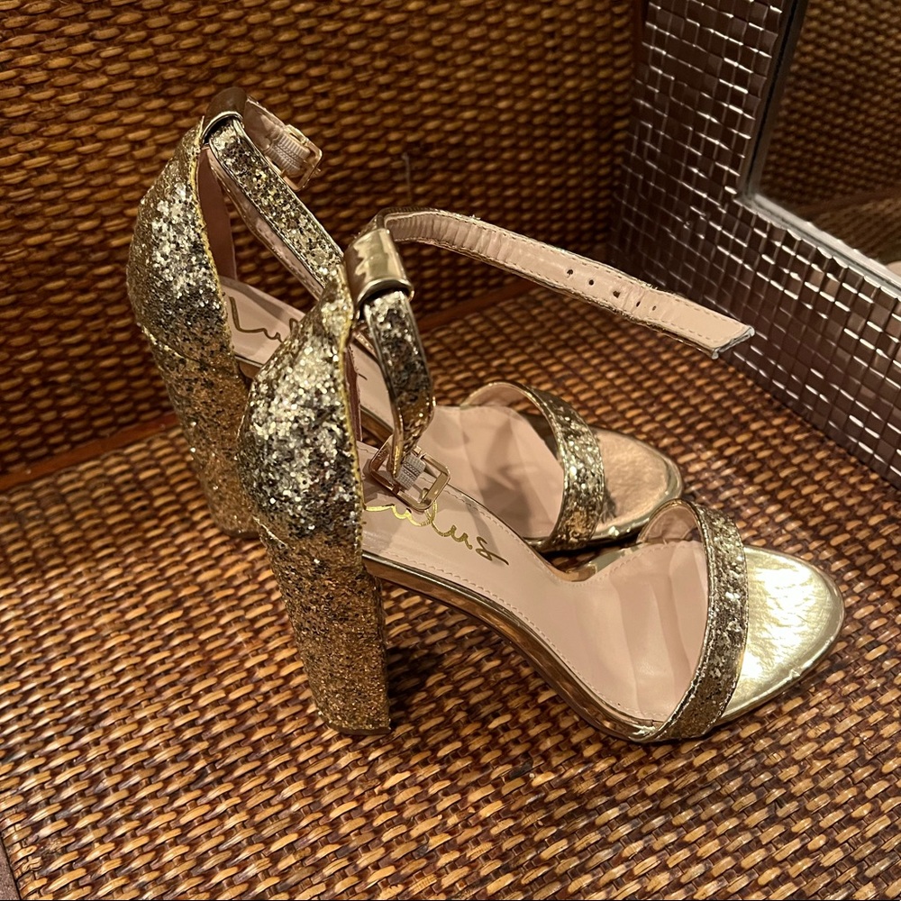 Lulu’s Taylor Glitter Gold Ankle Strap Heels